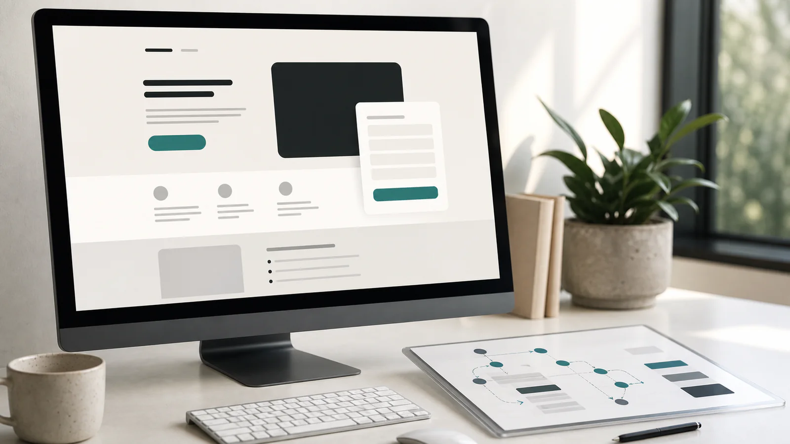 Écran affichant une landing page épurée avec schéma de parcours de conversion sur une tablette.