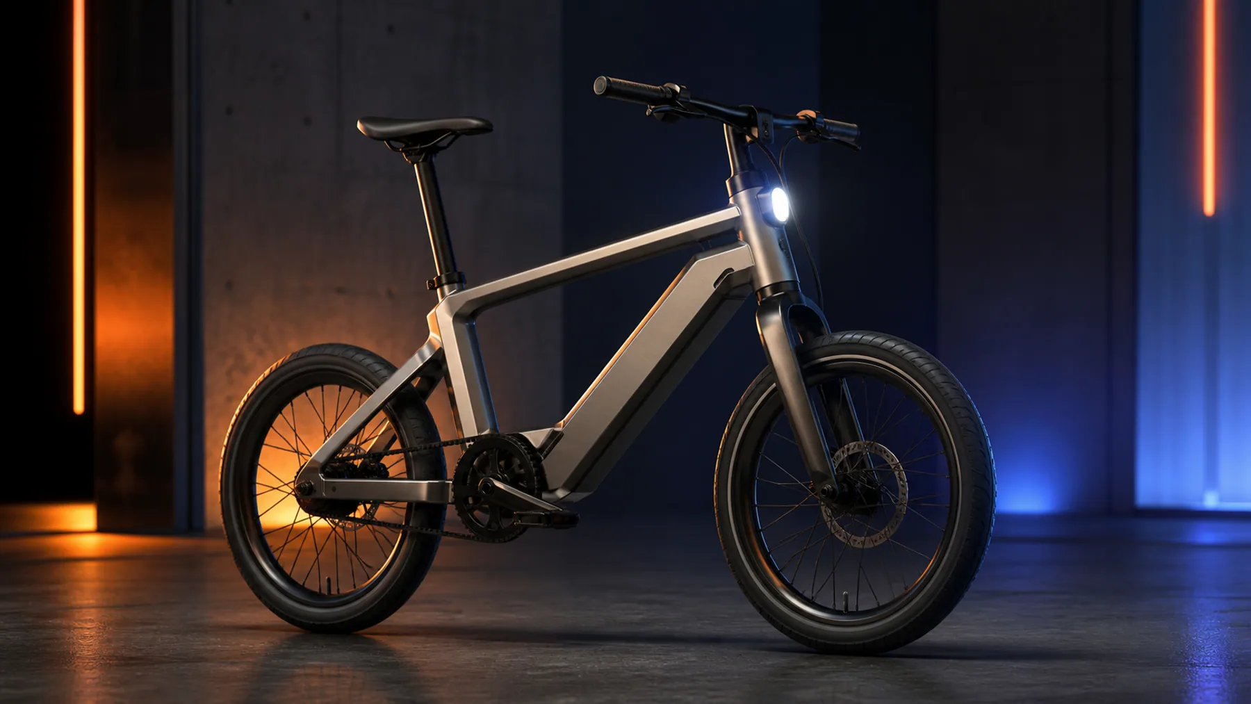 Vélo électrique urbain non brandé en studio sombre bleu et orange — concept Kova.