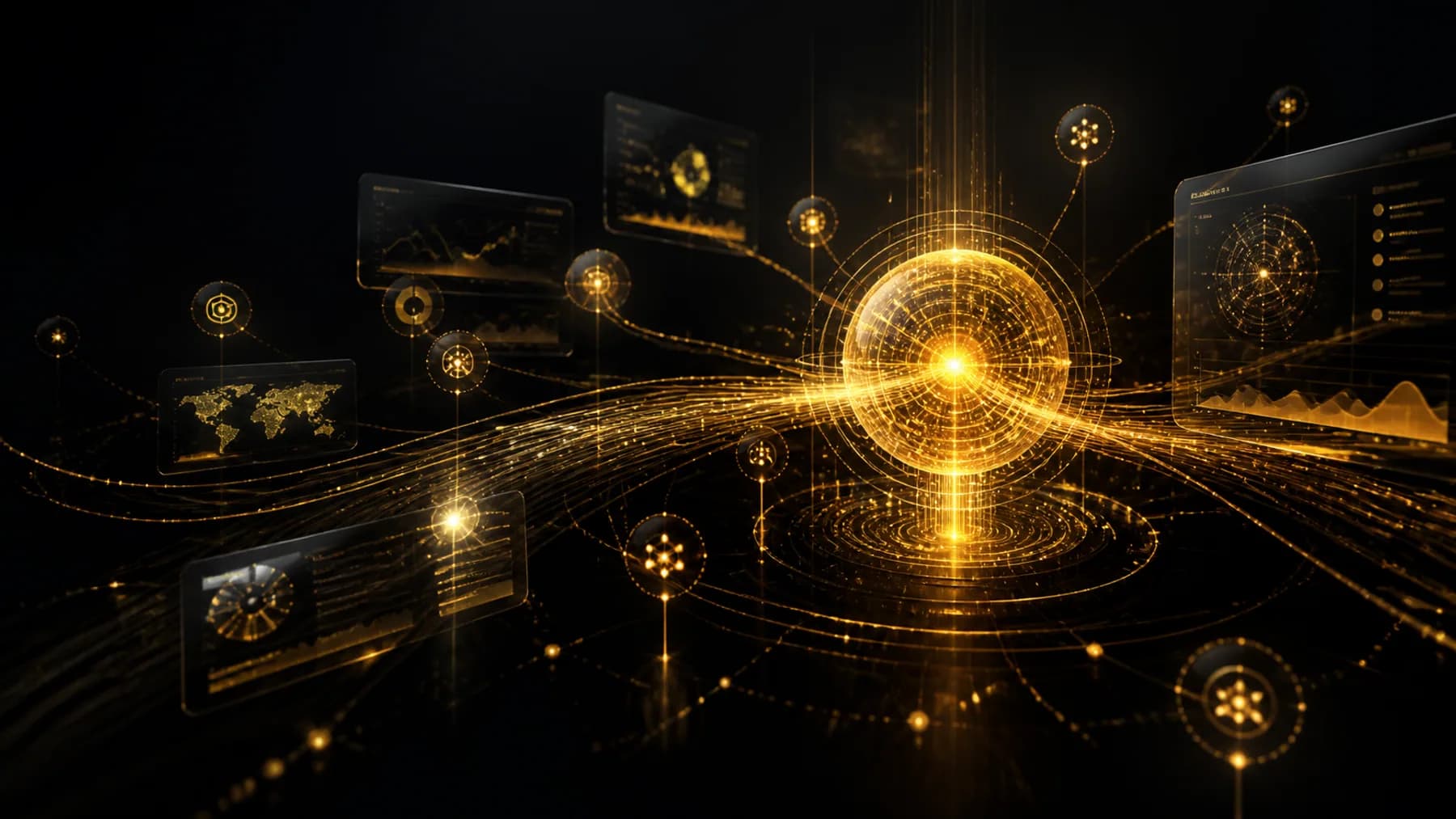 Visualisation de signal IA en lumière dorée — illustration originale du concept Meridian (projet fictif).