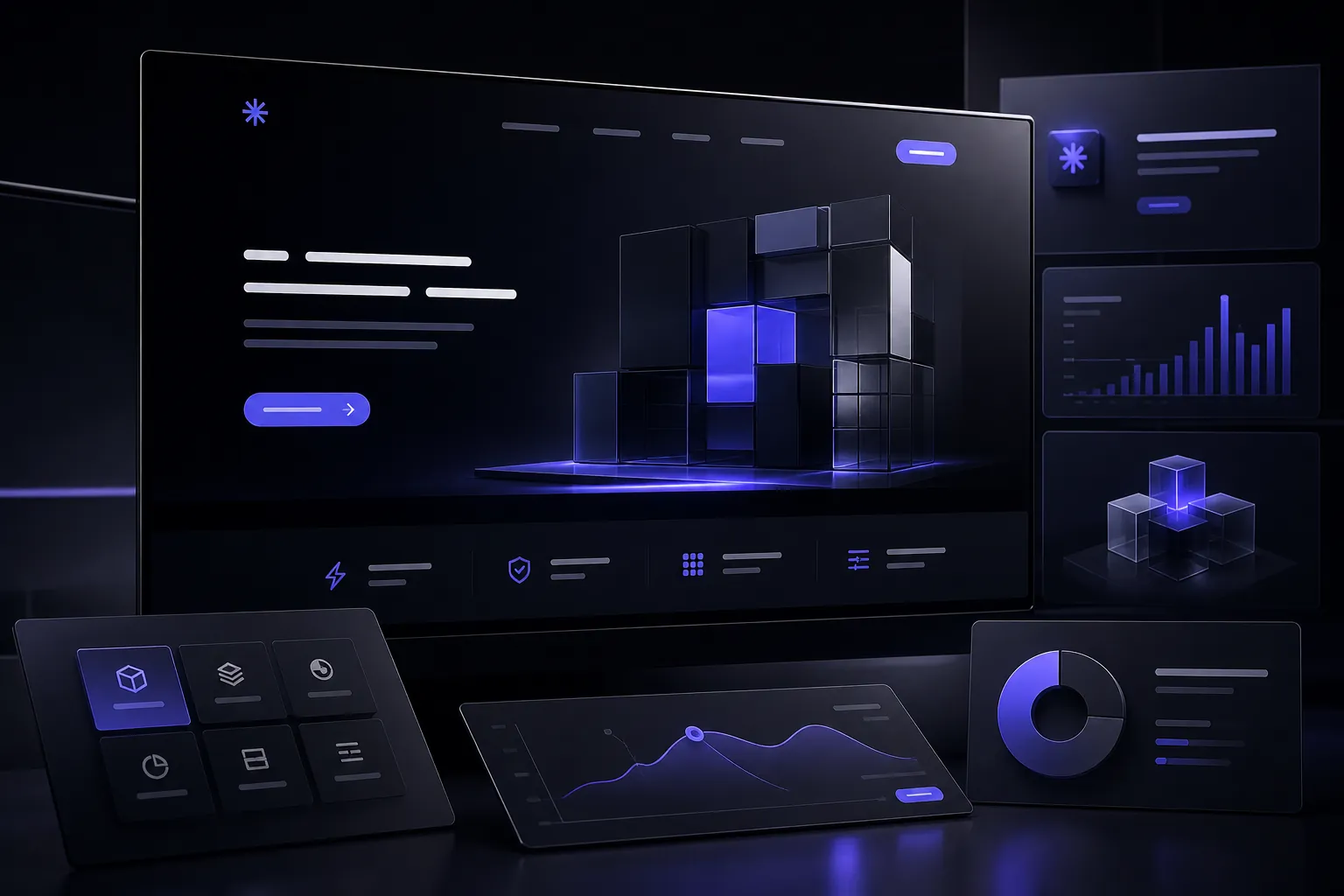 Composition digitale fictive Aster Grid avec hero web, modules produit et interface startup.