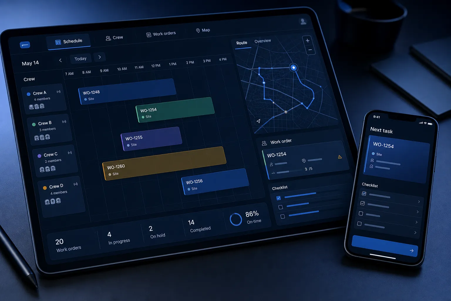 Produit digital fictif Atlas Crew avec planning d'équipes terrain, workflow et mobile.