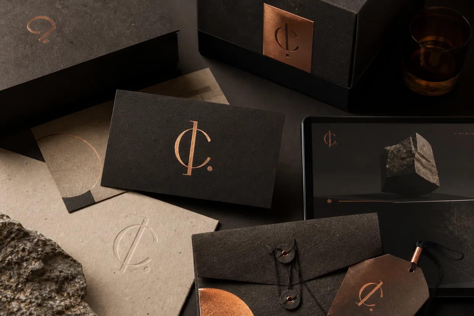 Système de marque fictif Caldera avec supports imprimés, packaging et accents cuivre.