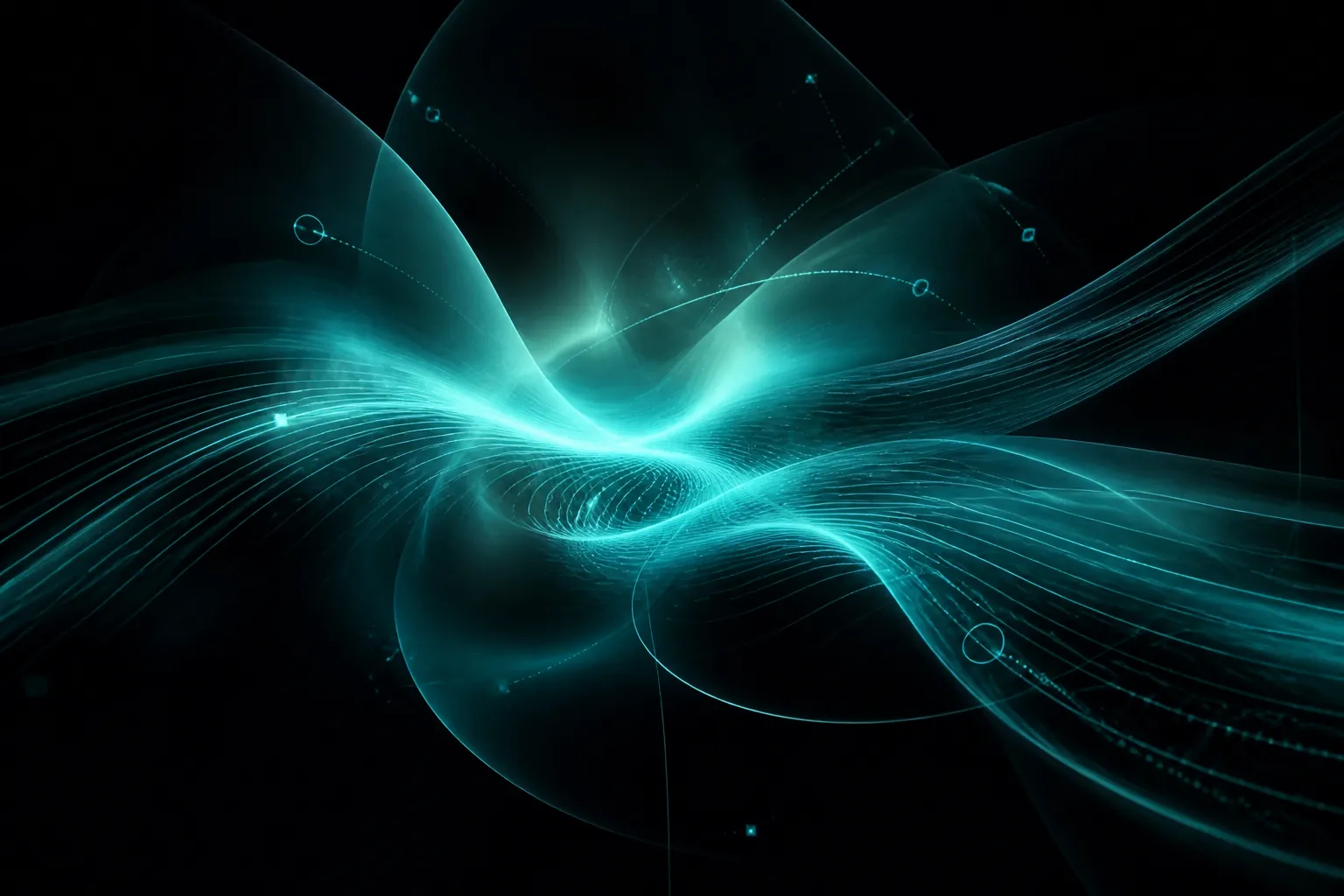 Poster génératif fictif Pulsefield avec flux lumineux et trajectoires interactives.