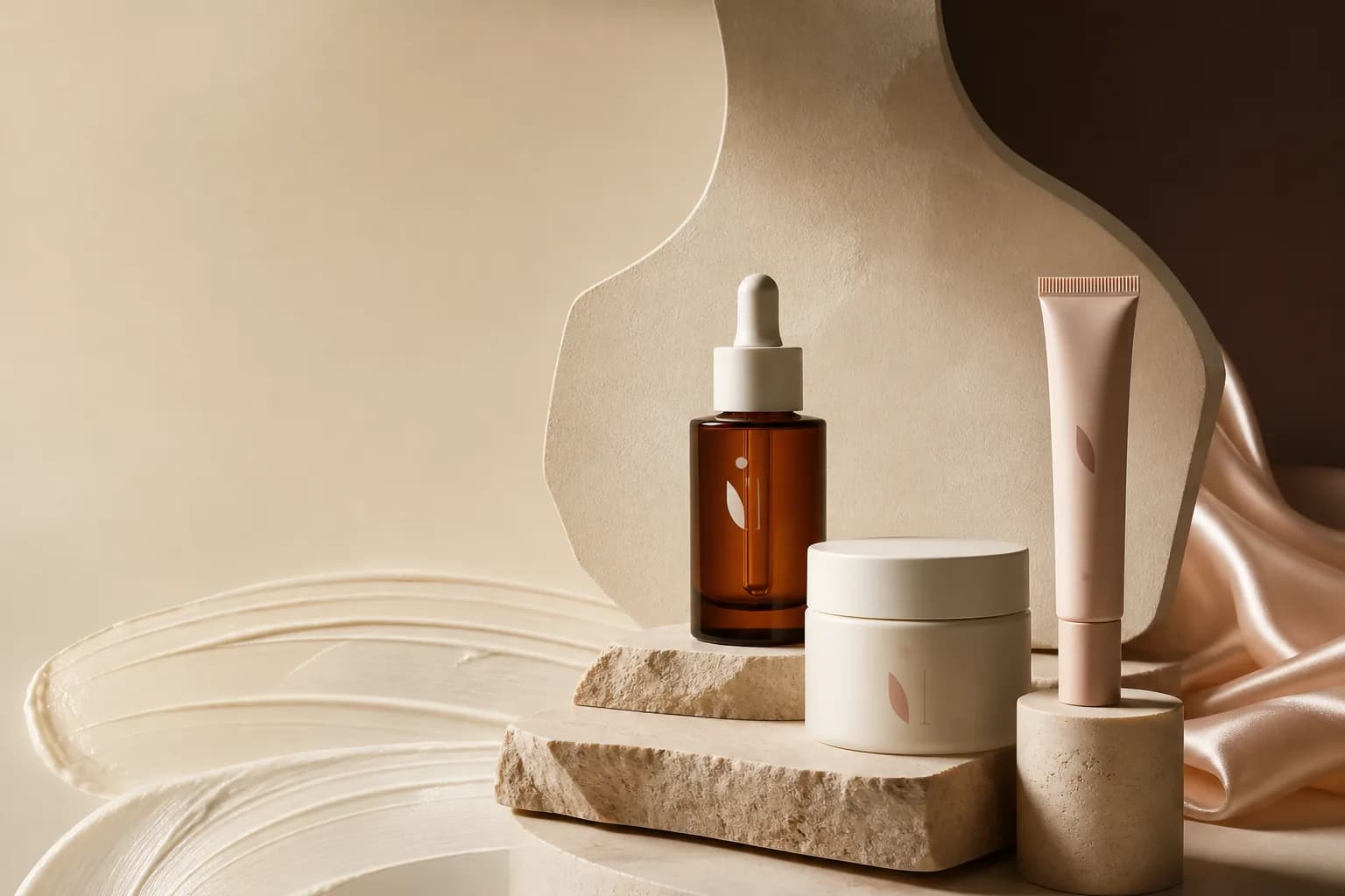 Still life beauté avec flacons de soin fictifs, pierre, satin et matière crème — concept Noma Skin.