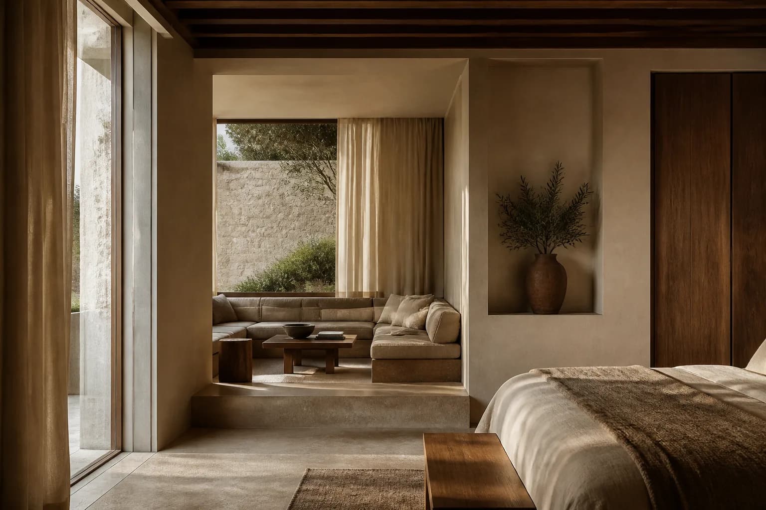Suite boutique-hôtel en pierre, bois, lin et lumière naturelle — illustration originale du concept Oria House.